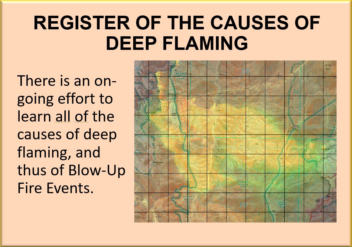 REGISTER OF THE CAUSES OF DEEP FLAMING. There is an on-going effort to learn all of the causes of deep flaming, and thus of Blow-Up Fire Events.