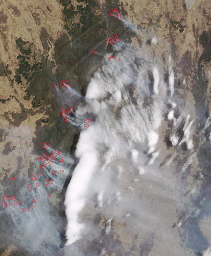 MODIS image spanning from Bombala to Tumut, rectified courtesy of Goddard Space Flight Center. 1pm AEDST 18 January 2003.