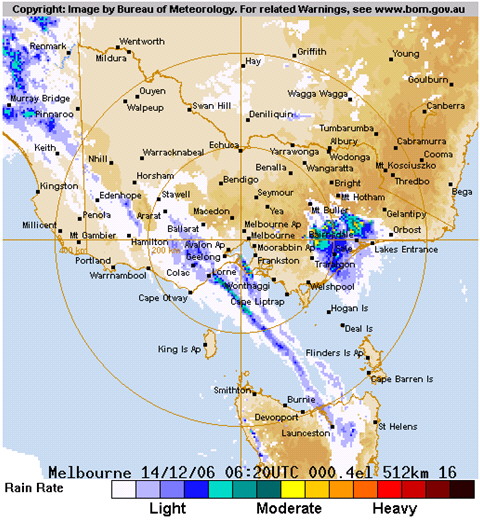 BoM Melbourne Weather Watch Radar image from 5:20pm AEDST 14 December 2006.